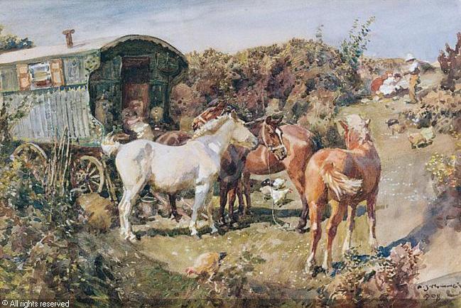 Alfred James Munnings, 1878, Gypsy Camp with Horses...