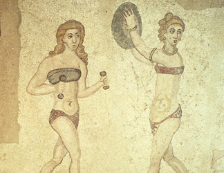 Sicily, Mosaic: Women exercising in 'bikinis', from the Room of the Ten Dancing Girls (first quarter 4th century AD)